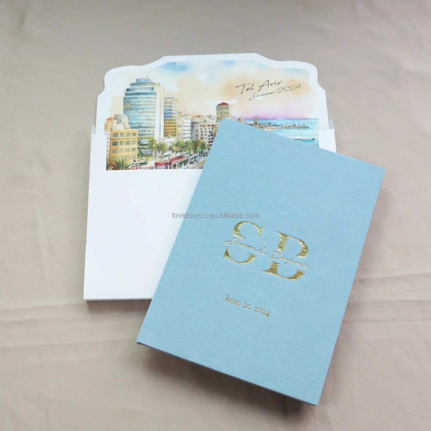 Elegant Folio Sky Blue Velvet Hardcover Wedding Invitations With Gold Foil Personal Logo Silver Acrylic Invitation