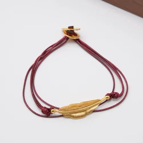 Elegant Golden Leaf Dark Red Four-layer Line Round Plate OT Buckle Bracelet