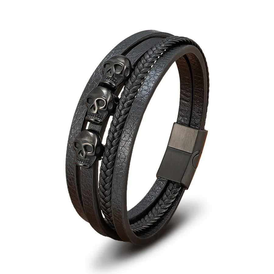 Vintage Stainless Steel Magnetic Clasp Accessory Men's Multilayer Genuine Leather Bracelets Personalized Jewelry Bracelet Bangle