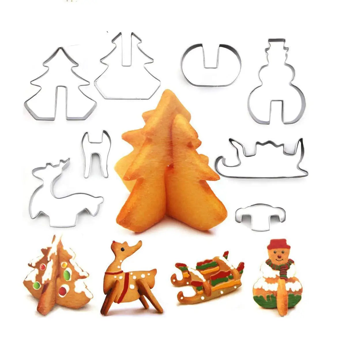 8pcs Saffron 3D Stainless Steel Christmas Cookie Cutters Box Set Includes Snowman Christmas Tree Elk Biscuit Mold for Holiday