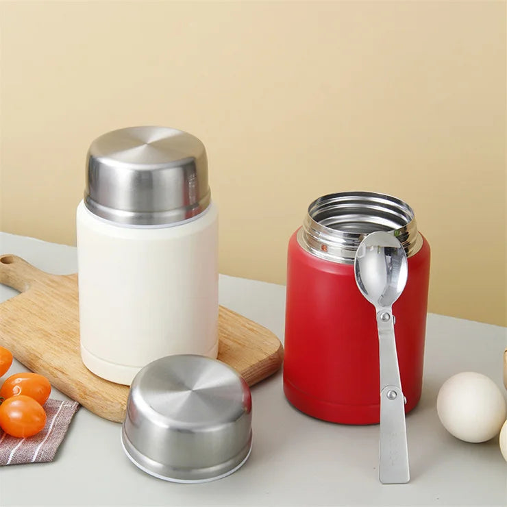 304 Stainless Steel Vacuum Insulated Food Jar Lunch Thermos with Folding Spoon 350ml/500ml/750ml 6-12 Hours Thermal Insulation