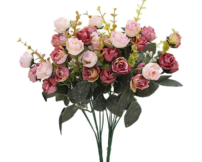 21-Head Artificial Silk Floral Decor Bouquet 7-Branch Rose for Wedding Christmas or Easter Pack of 2 Small Sizes