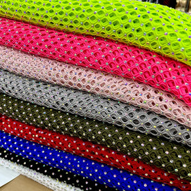 N002 Factory Wholesale Production of Large Hole Mesh Fabric SS16 Rhinestone Elastic Mesh Fabric