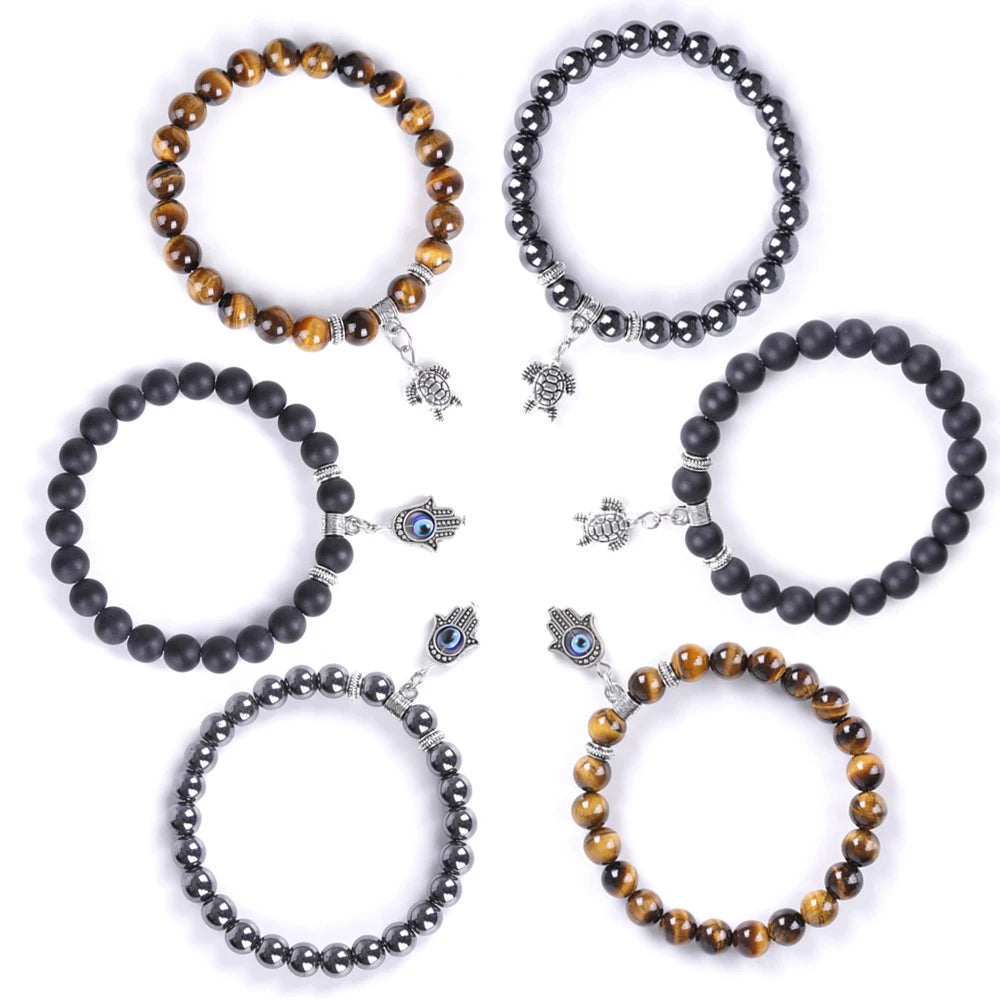 Fashion Jewelry Handmade Metal Turtle Hamsa Hand Charm Natural Stone Bead Stretch Bracelet for Women Men