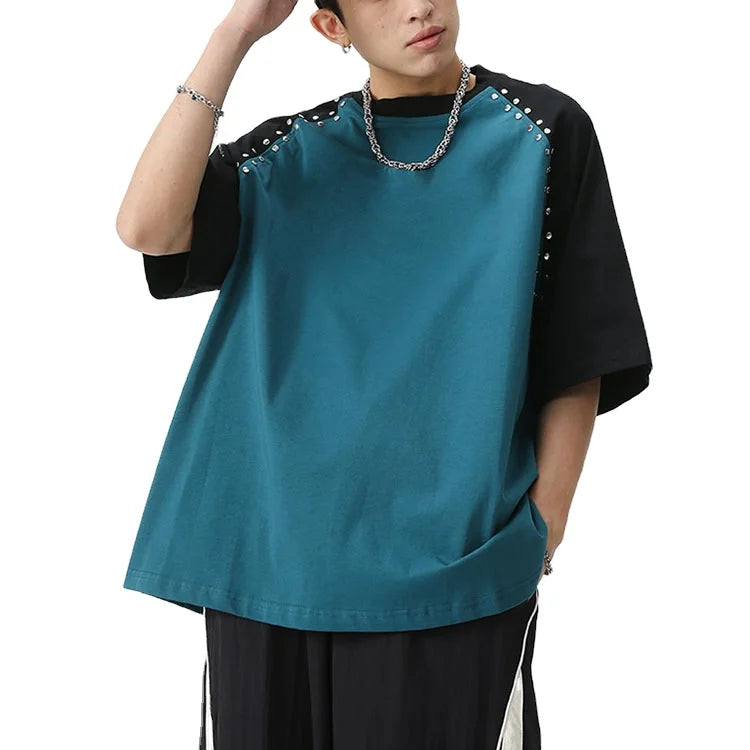 Manufacturer Custom 100% Cotton Knitted Summer Oversized Short Sleeve Crew Neck Splicing Decor Metal Studs Men's T-Shirt