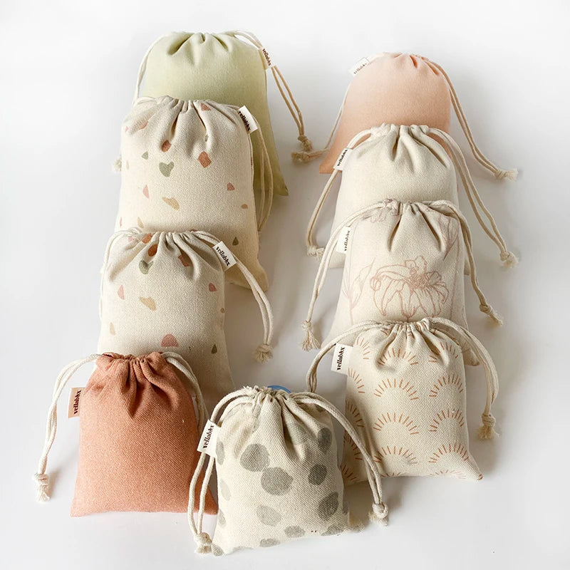 Custom Label and Digital Printing Natural Canvas Drawstring Jewelry Pouches Fanny Gift Bags