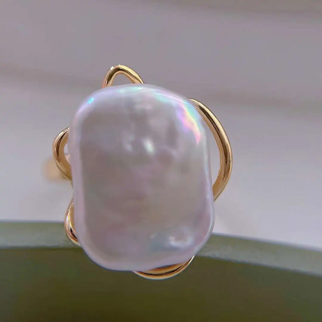 Factory Special Offer Gold-Plated Leaf Ring Setting 12-16 mm Natural Freshwater Baroque Pearl Ring Trendy for Wedding Gift Party