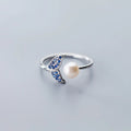 925 Sterling Silver Blue Zircon Whale Tail Ring Adjustable Open Freshwater Pearl Knuckle Finger Rings Fashion Jewelry for Women