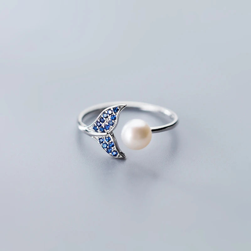 925 Sterling Silver Blue Zircon Whale Tail Ring Adjustable Open Freshwater Pearl Knuckle Finger Rings Fashion Jewelry for Women