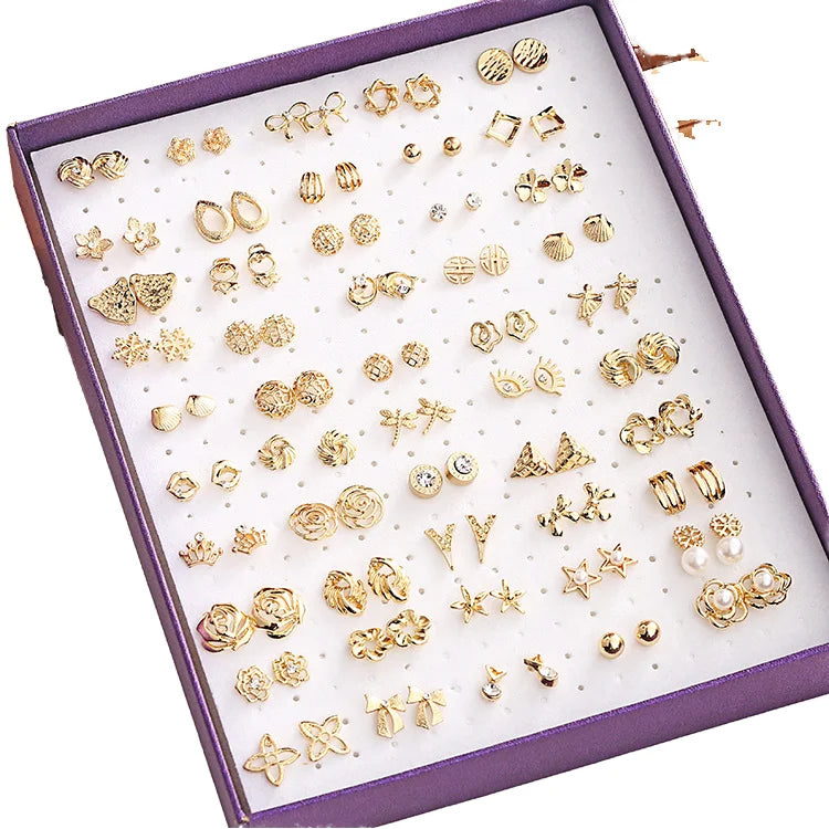 Wholesale Fashion 50 Pairs/Box Small Stud Earrings Set Women Gold Plated Hollow Geometric Multi-Styles Earrings Set