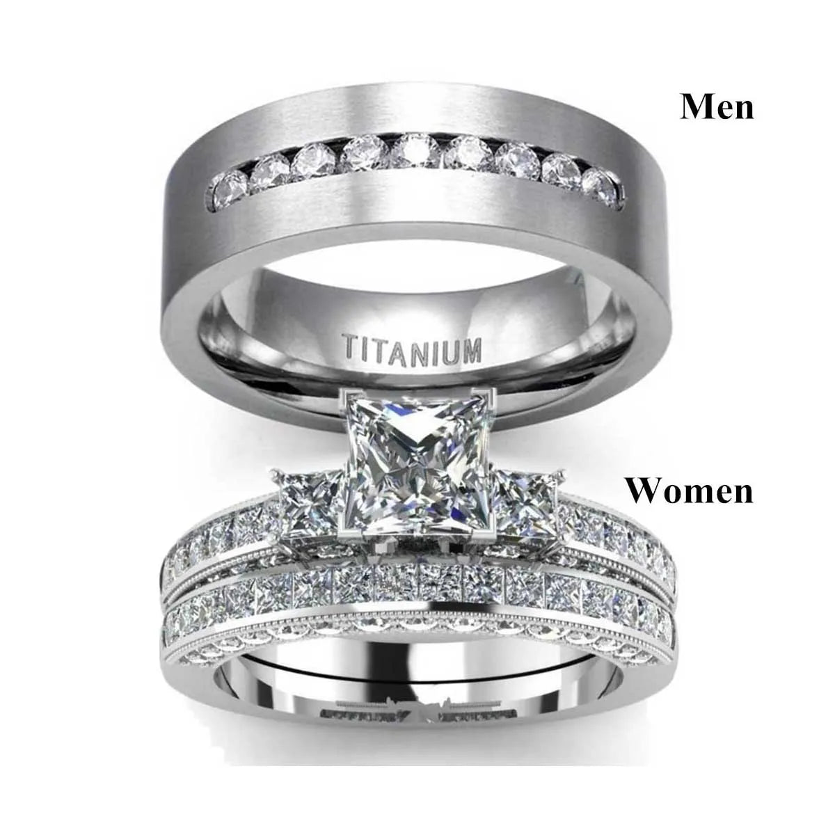 White Gold Plated Stainless Steel Diamond Couple Ring Set Square Crystal Titanium Steel Engagement Wedding Ring for Bridal