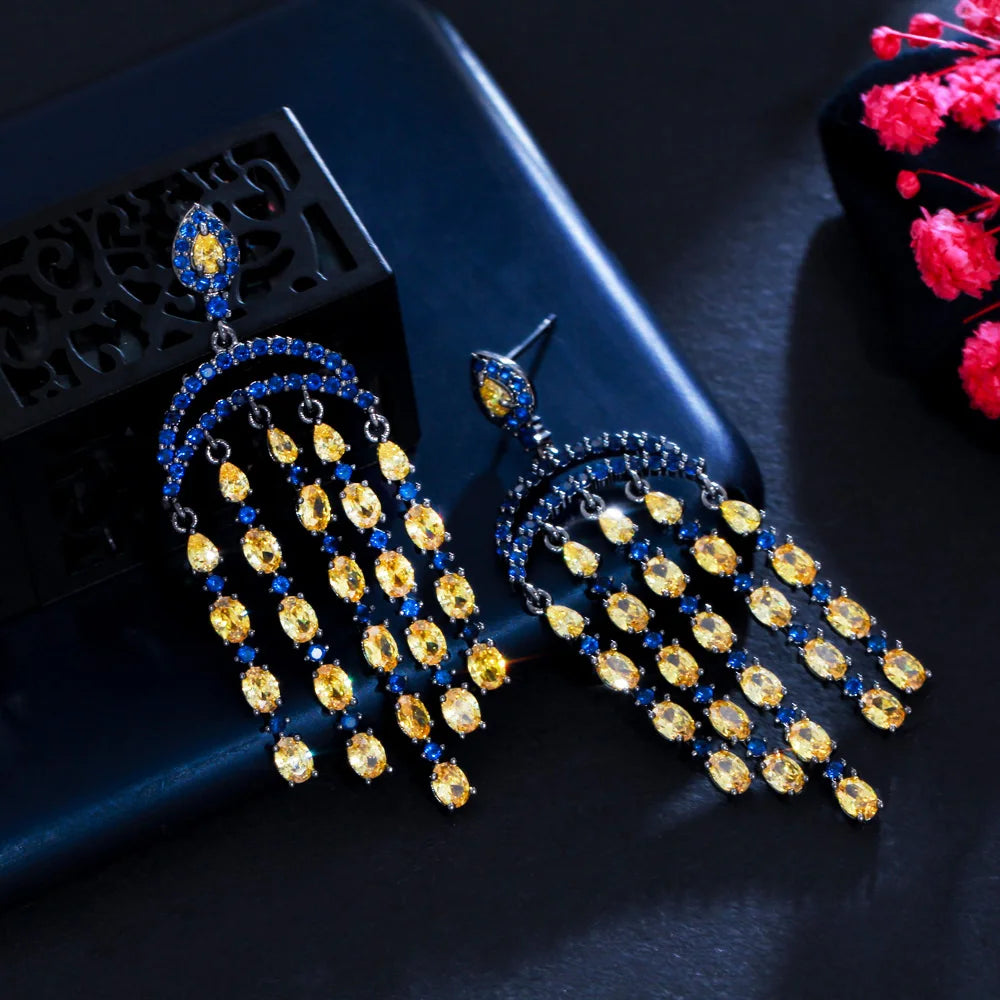Stunning Blue Yellow Cubic Zircon Crystal Long Dangling Chandelier Tassel Bridal Wedding Earrings Prom Jewelry