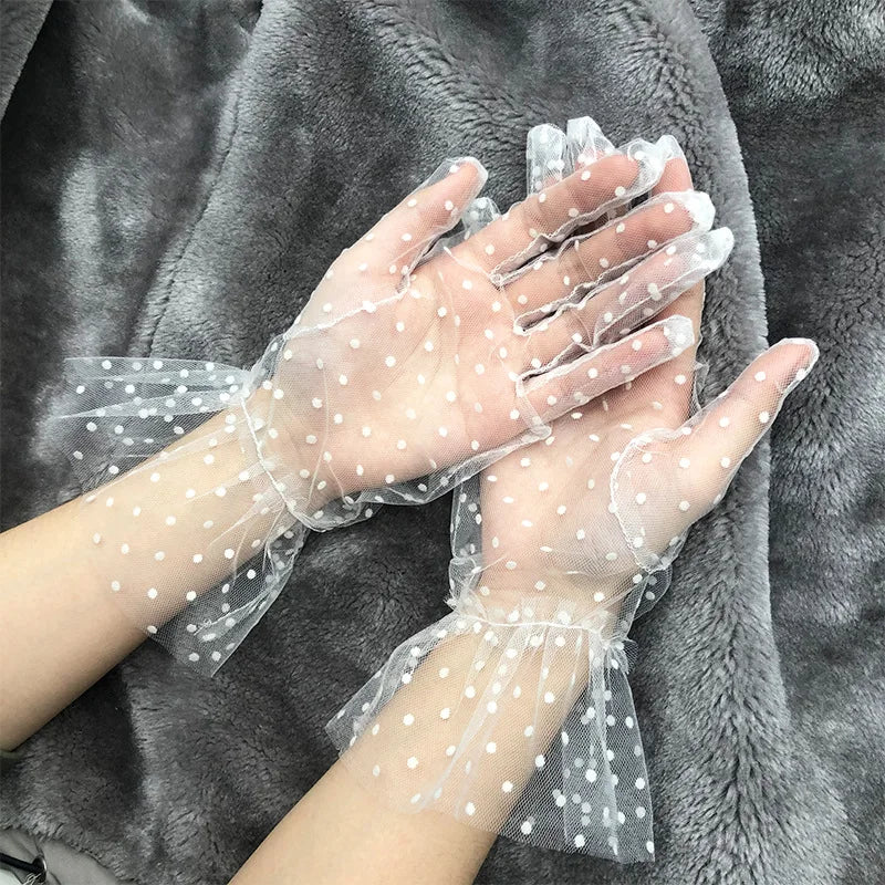 New Women Spots Lotus Leaf Sheers Stretchy Gloves Short Tulle Autumn Accessories Full Finger Lace Dot Tulle Gloves