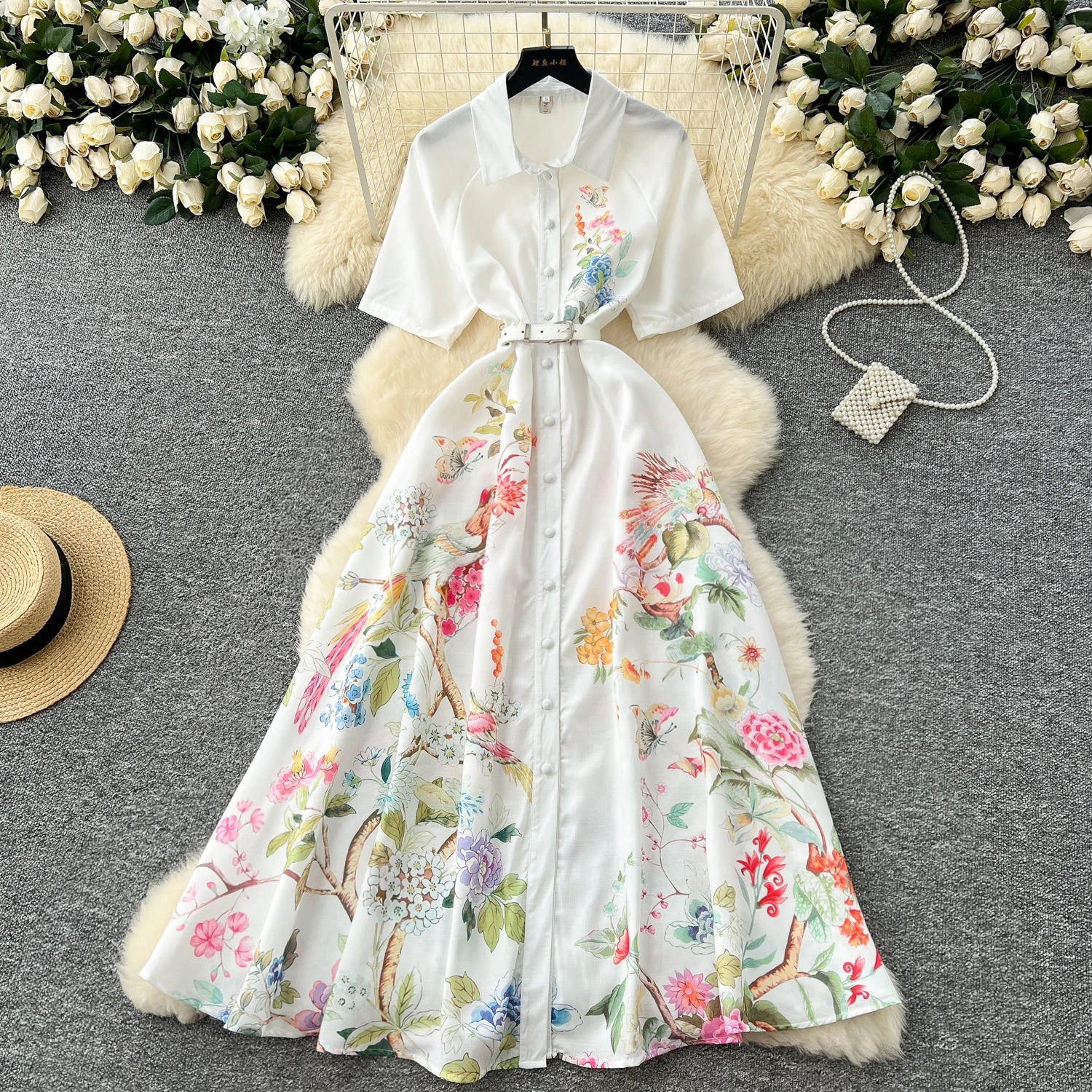 LW1000 Fashion Elegant Printed Dress 2025 Spring Dress Waist Slimming Super Fairy Temperament Long Dress Vintage Clothing