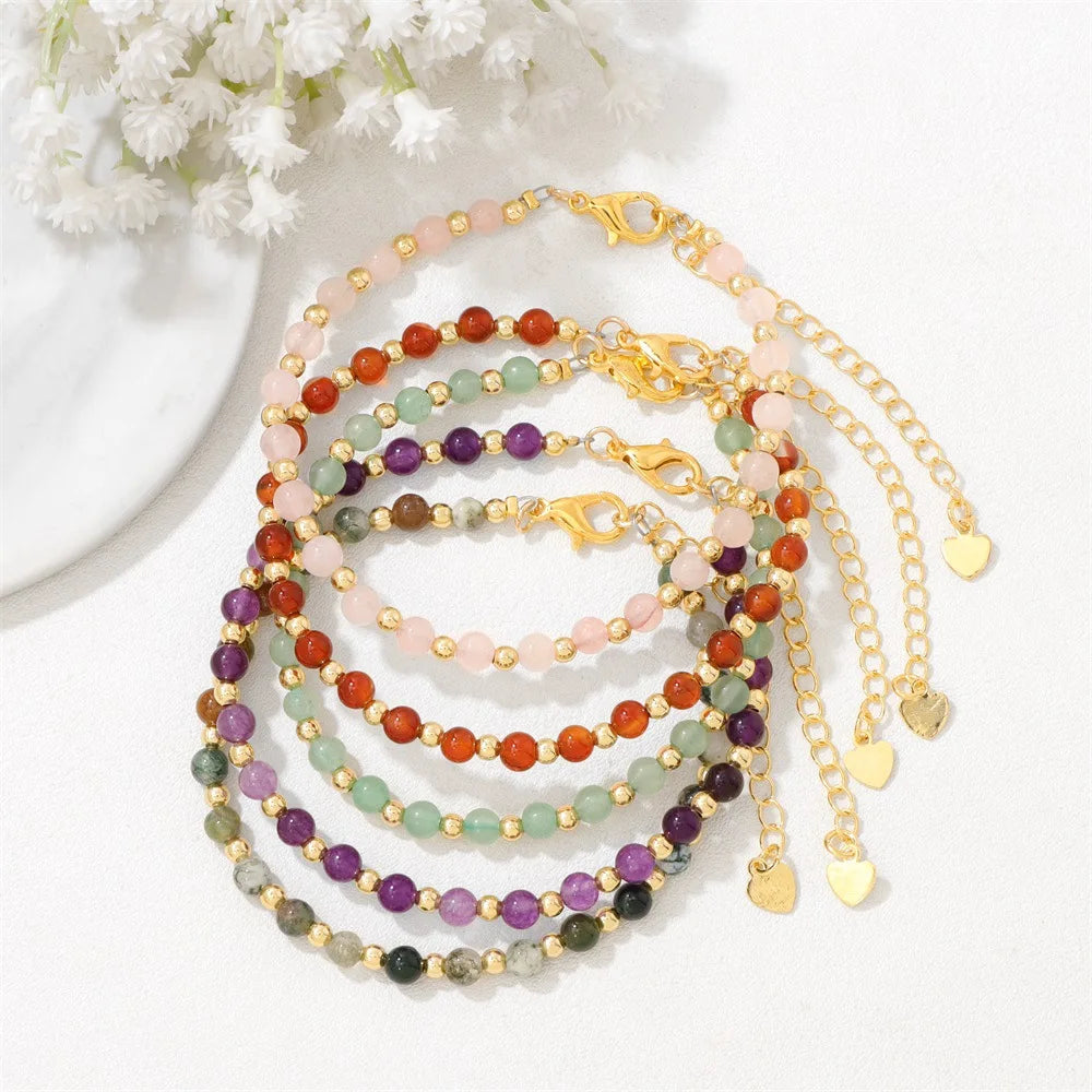 Adjustable 4mm Round Jade Bead Bracelet with Opal Amethyst Quartz Crystals Gold Plated Chakra Healing Stone Bangles Jewelry