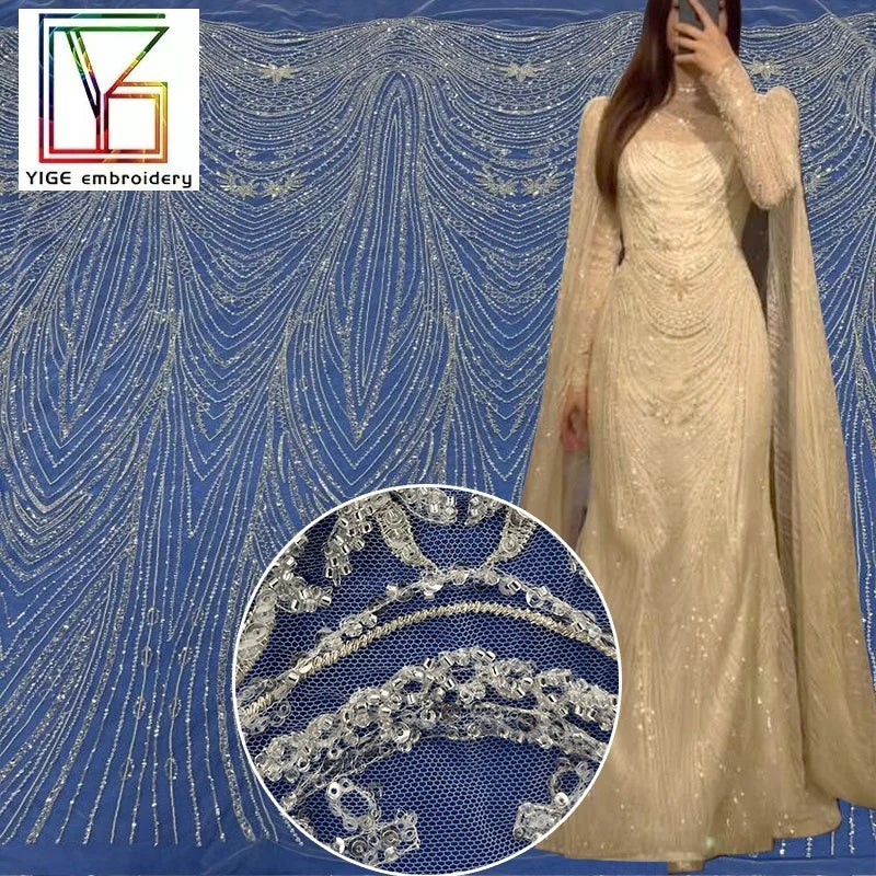 Good Quality French Beaded Embroidery Sparkle Crystal Sequins Dress Laces Tulle Mesh Material Women Bridal Lace Fabric