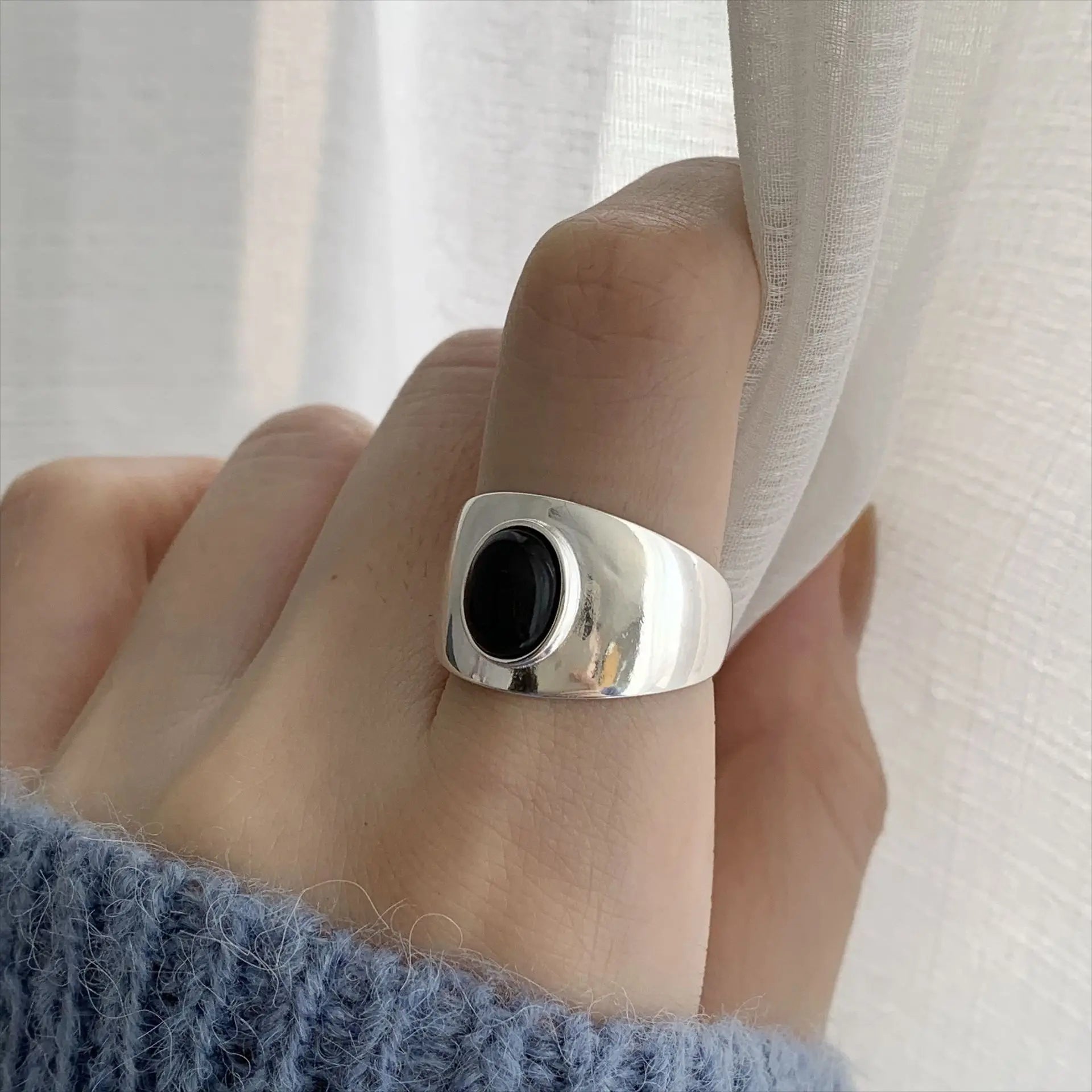 925 Sterling Silver Black Agate Gemstone Ring Chunky Rings Women for Daily