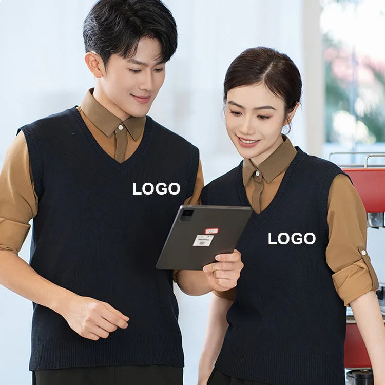 Customized Staff Uniform Vest Sleeveless Classic Waiter Waitress Bar Restaurant Hotel Uniform Knitted Sweater Vest for Men Women