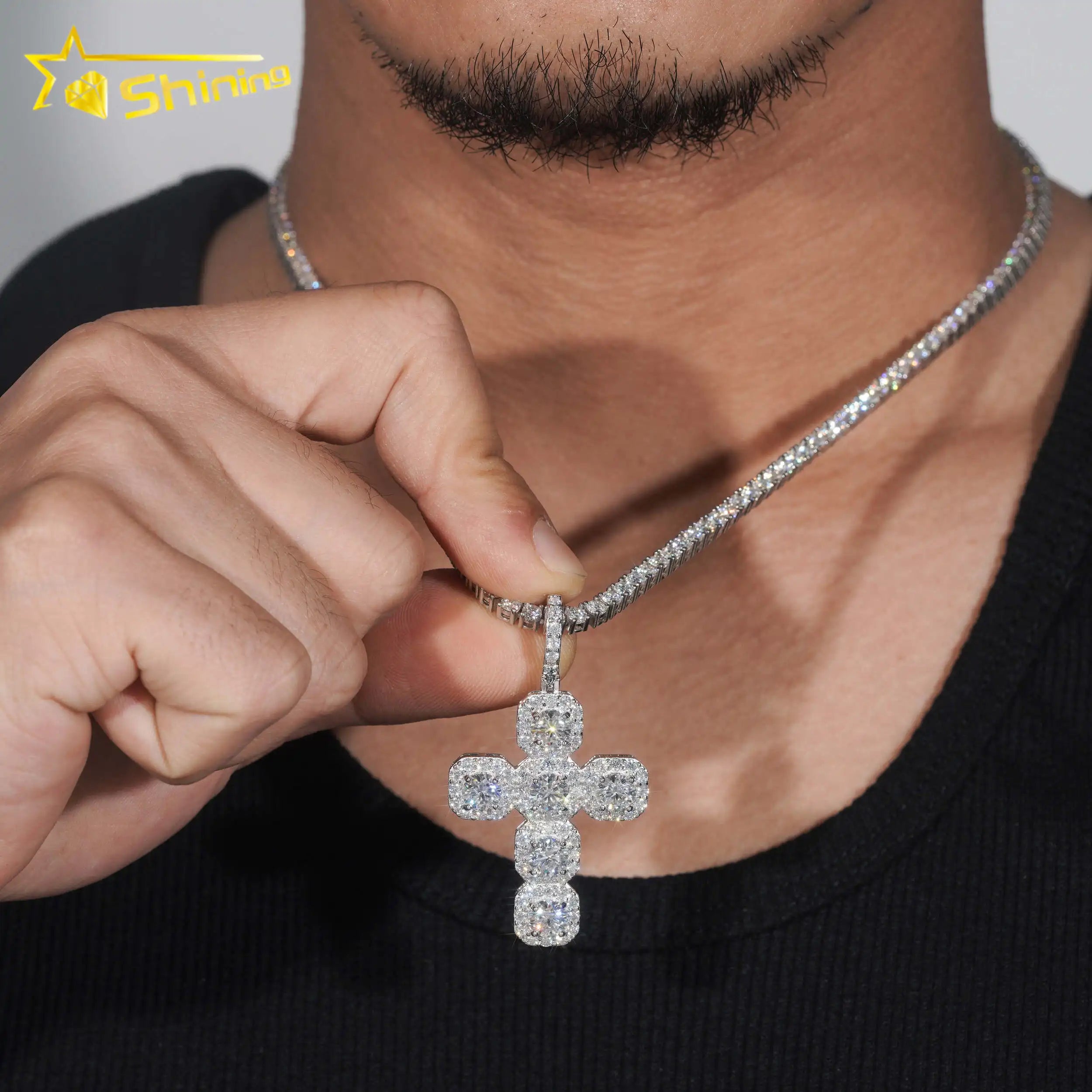 Worldwide Shipping Fashion Iced Out Pendant 925 Sterling Silver Hip Hop VVS Moissanite Diamond Cross Pendant