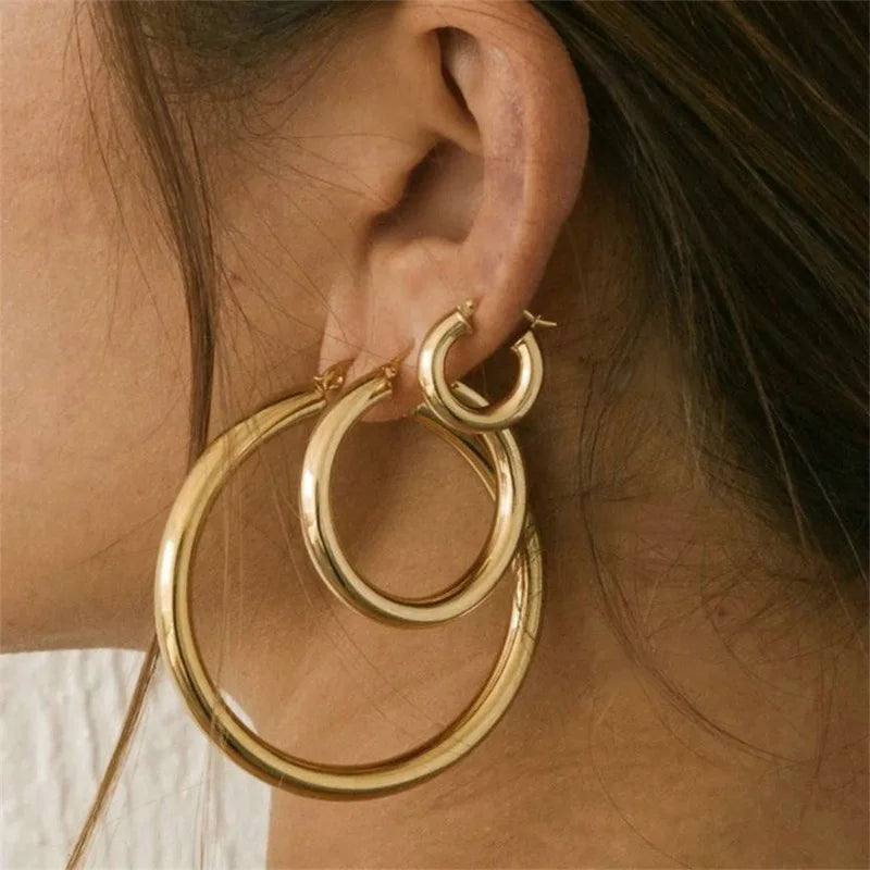 Fashion Trendy New Classic Simple Design Stainless Steel Gold Plated Round Circle Hoop Earrings for Women