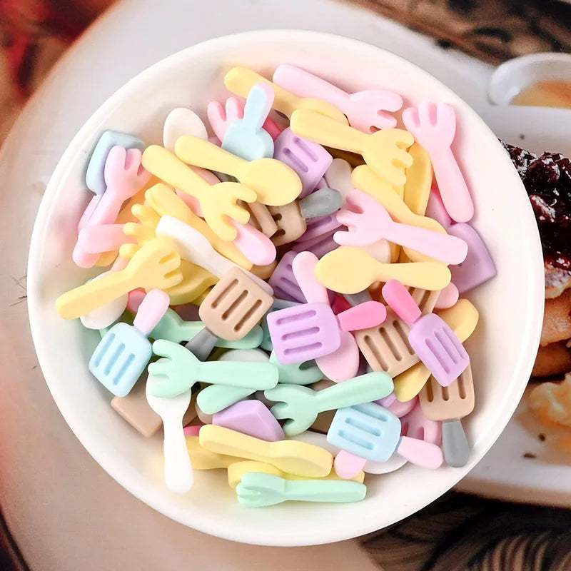 Mini Cartoon Fork Scoop Flatback Resin Charms Cabochons for Slime Handmade Children DIY Dinnerware Mobile Phone Craft