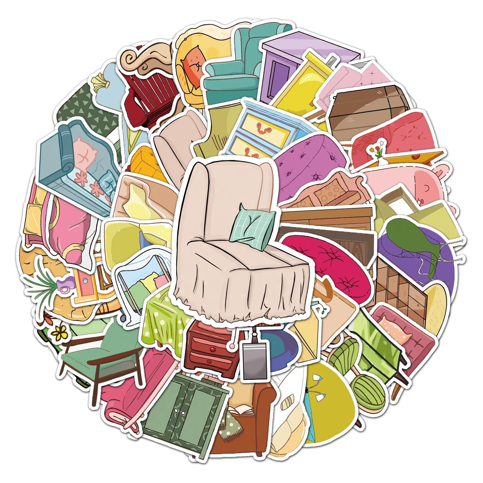 50Pcs Cartoon Furniture Sofa Stool Cute Sticker Paper Decals for Girl Student Notebook Phone Diy Decorative Waterproof Stickers