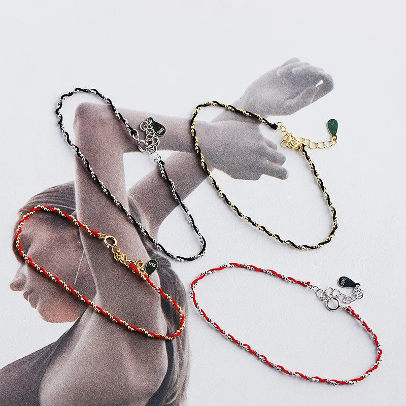 Gold Plated Double Layer Red Rope Beads Chain Bracelets 925 Sterling Silver Twist Braided Bracelet