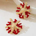 KAIMEI 2025 New Arrival Fashion Jewelry Retro Fashionable Metal Gold Starfish Red Coral Women's Earrings Jewelry Star Earrings