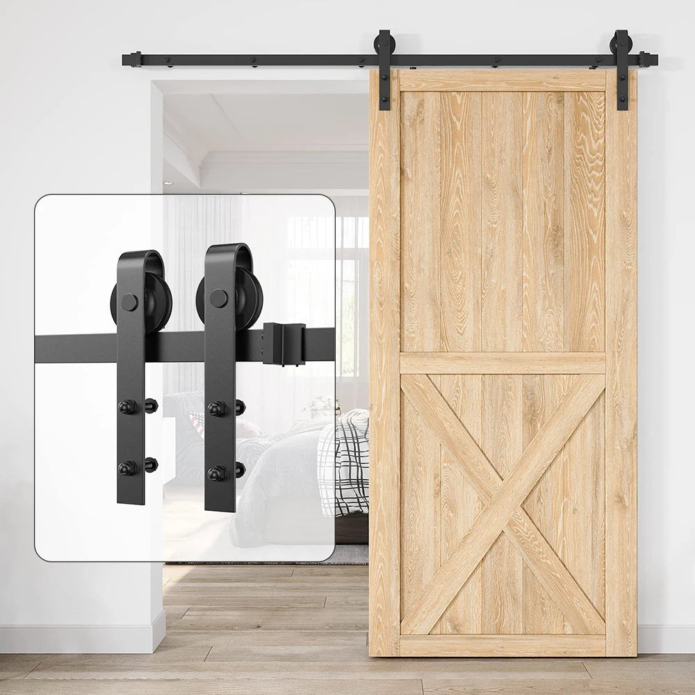 Durable Black Steel Interior Barn Door Hardware Kits Complete Industrial Satin Finish Sliding Barn Door for Bathroom Easy Screw