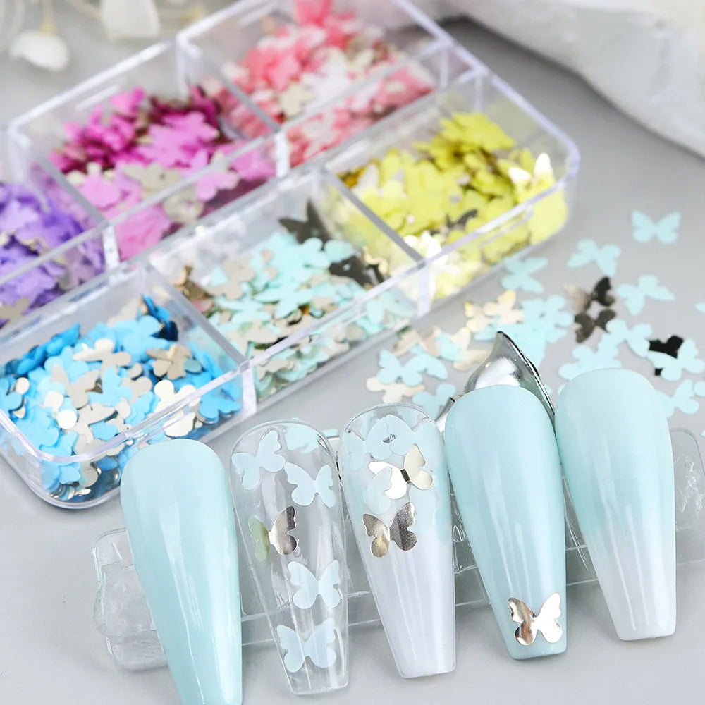 BIN Hot Selling 6 Grids butterfly Nail Art Sequins Glitter Flakes for Nail Supplies Decoration