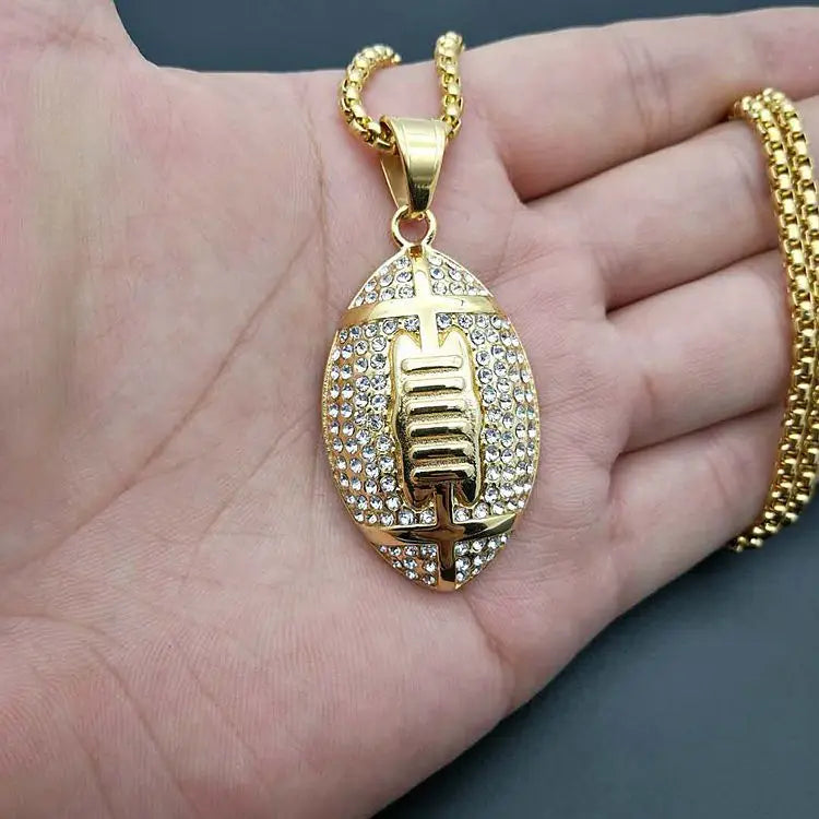 Stainless Steel 18k Gold Plated Mens Sports Rugby American Rugby Football Necklace with Pendant