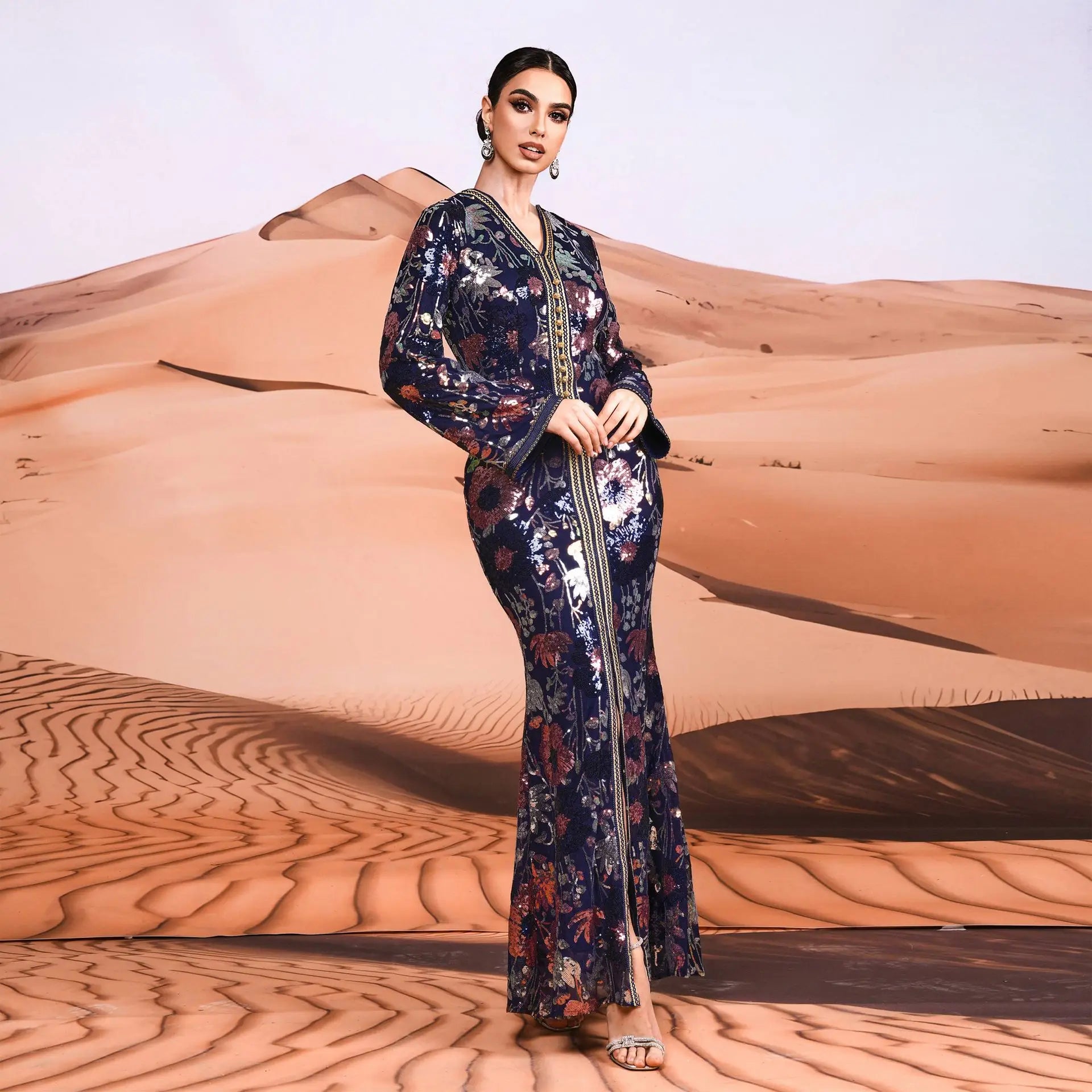 Fashion Long Sleeve Split Maxi Sequin Moroccan Turkish Dubai Muslim Modest Evening Dresses for Women