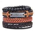 Punk Charm Believe Wood Bead Handmade Adjustable Men Wrap Genuine Leather Bracelet Set Jewelry
