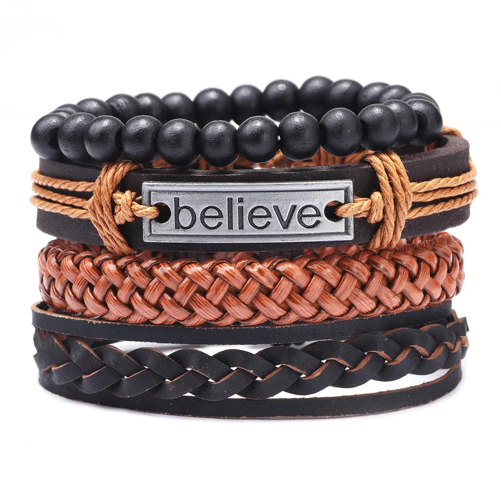 Punk Charm Believe Wood Bead Handmade Adjustable Men Wrap Genuine Leather Bracelet Set Jewelry