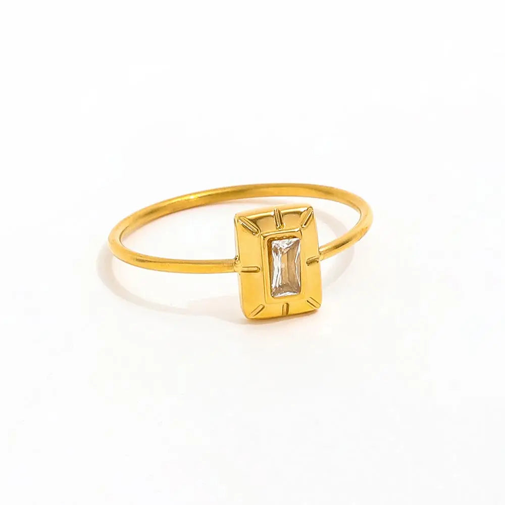 High-End 18K Gold Plated Stainless Steel Dainty Ring with Small Rectangle Zircon for Parties and Gifts