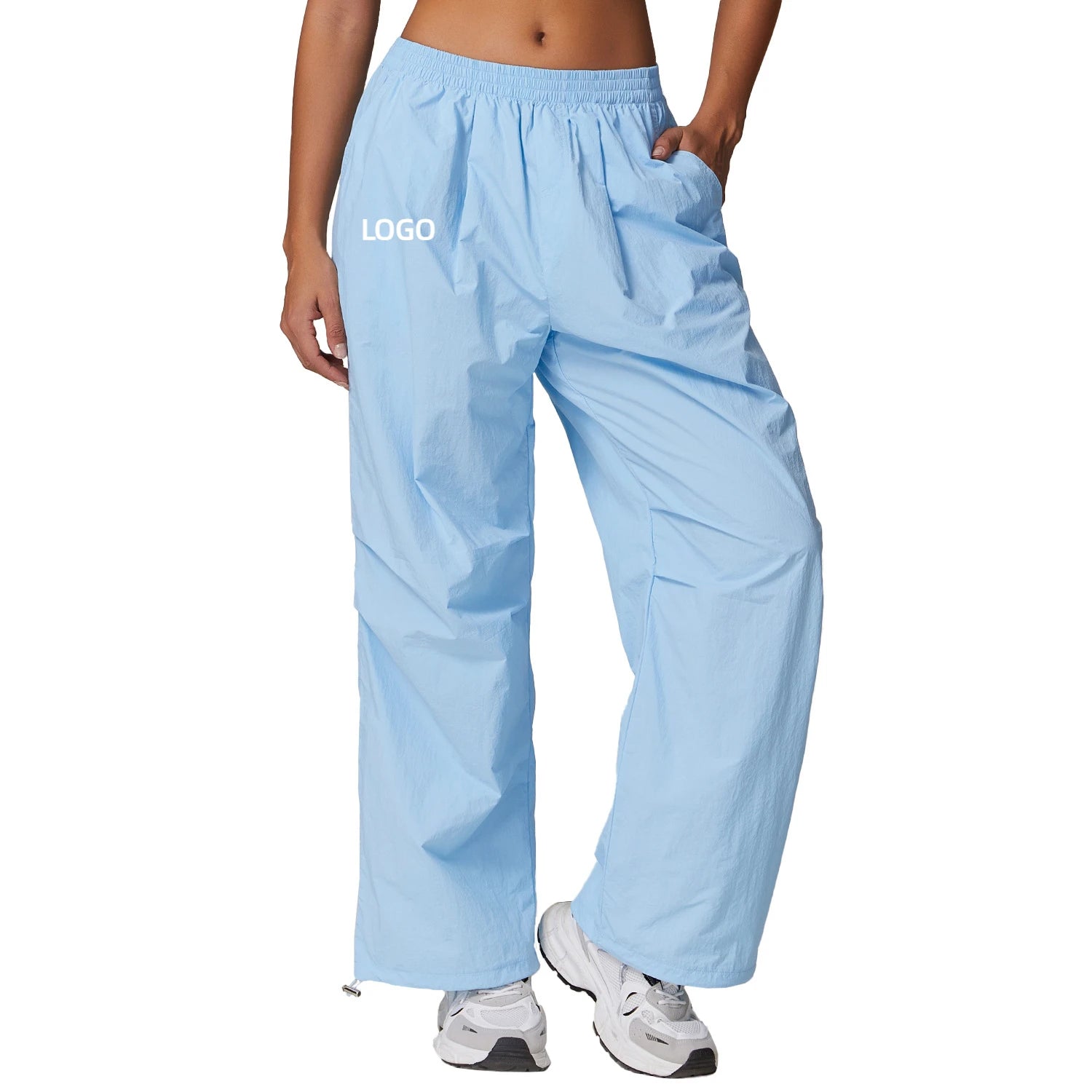 Fashion Women High Waist Drawstring Jean Gym Fitness Sport Wear 100% Nylon Pants With Pockets