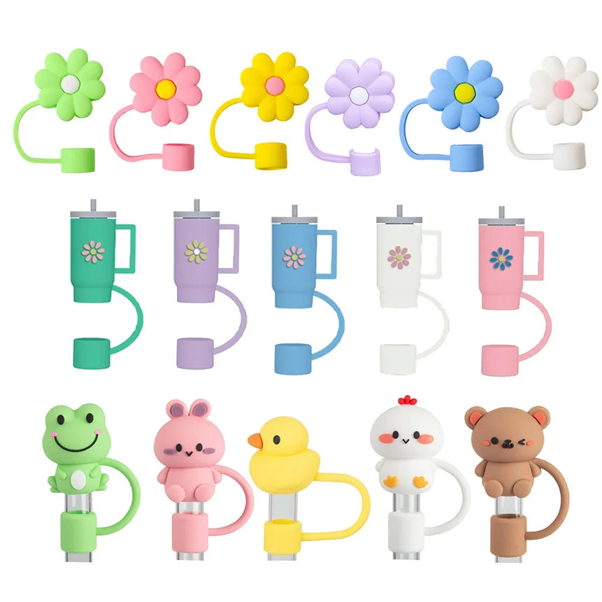 Factory Custom Reusable Cartoon Drinking Stainless Steel Tumbler Cup Straw Cover Silicone Straw Toppers