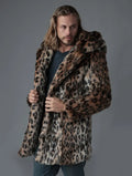2026 New Design Men's Long Faux Fox Fur Parka Leopard Pattern Thick Warm Autumn/Winter Coat with Lapels