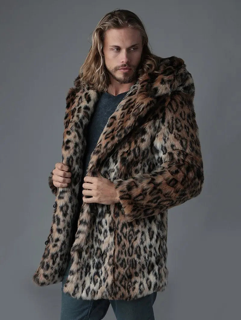 2026 New Design Men's Long Faux Fox Fur Parka Leopard Pattern Thick Warm Autumn/Winter Coat with Lapels