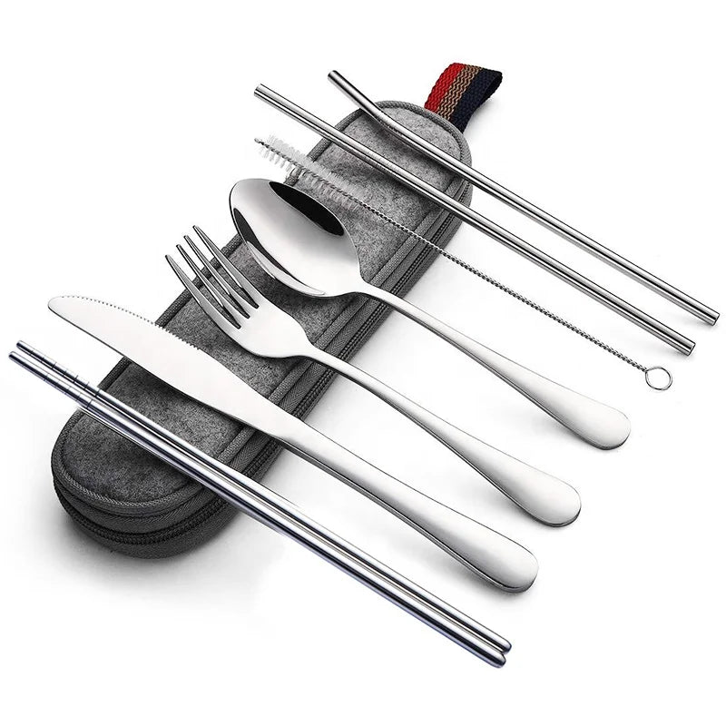 8-Piece Portable Travel Camping Stainless Steel Cutlery Flatware Tableware Set Reusable Utensils with Mirror Polish Case