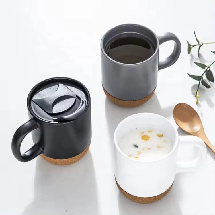 Dishwasher Safe 12 oz Matt Black Porcelain Ceramic Coffee Mug with Cork Base and PP Lid