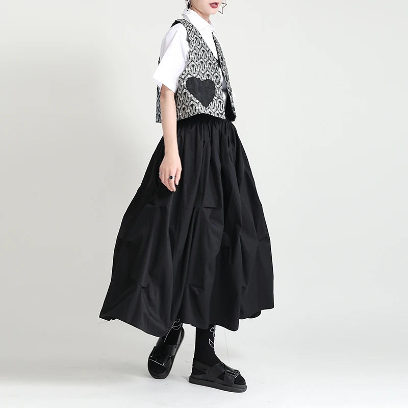 Japanese A-Line Skirt High Waist Mid-Length Design Loose  Breathable Plain Dyed Ruffles Niche Mid-Length High Waist A-Line Skirt