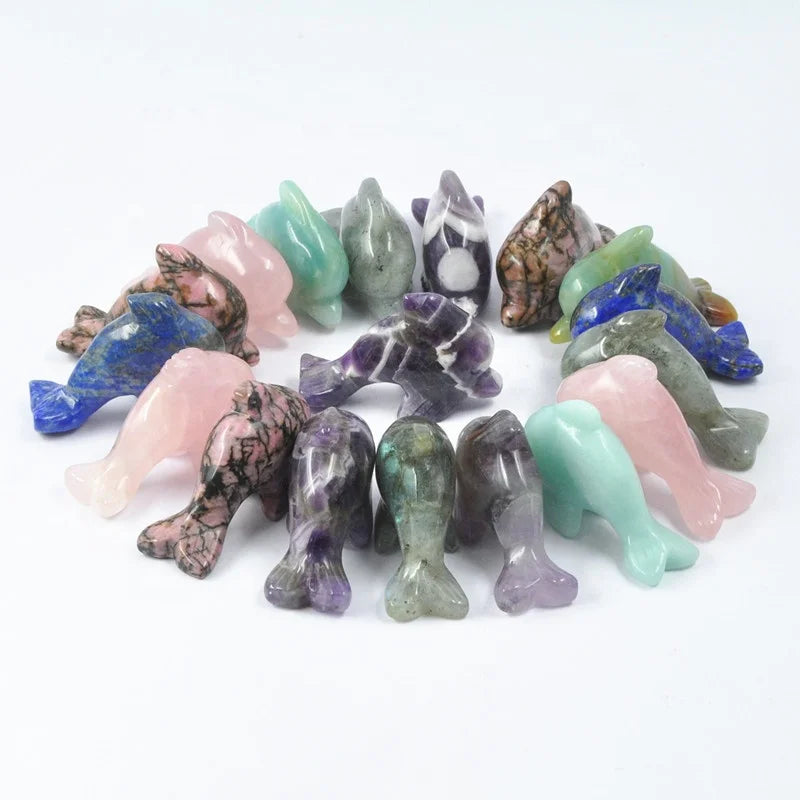 1.5" Lovely Garved Animals Home Decoration Gift Natural Carving Gemstone Crystal Dolphin Statue High Quality Healing Stone Craft