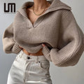 Liu Ming Valentines Day Gift Fashion Women Casual V Neck Lantern Sleeve Pullover Lady Elegant Short Sweater