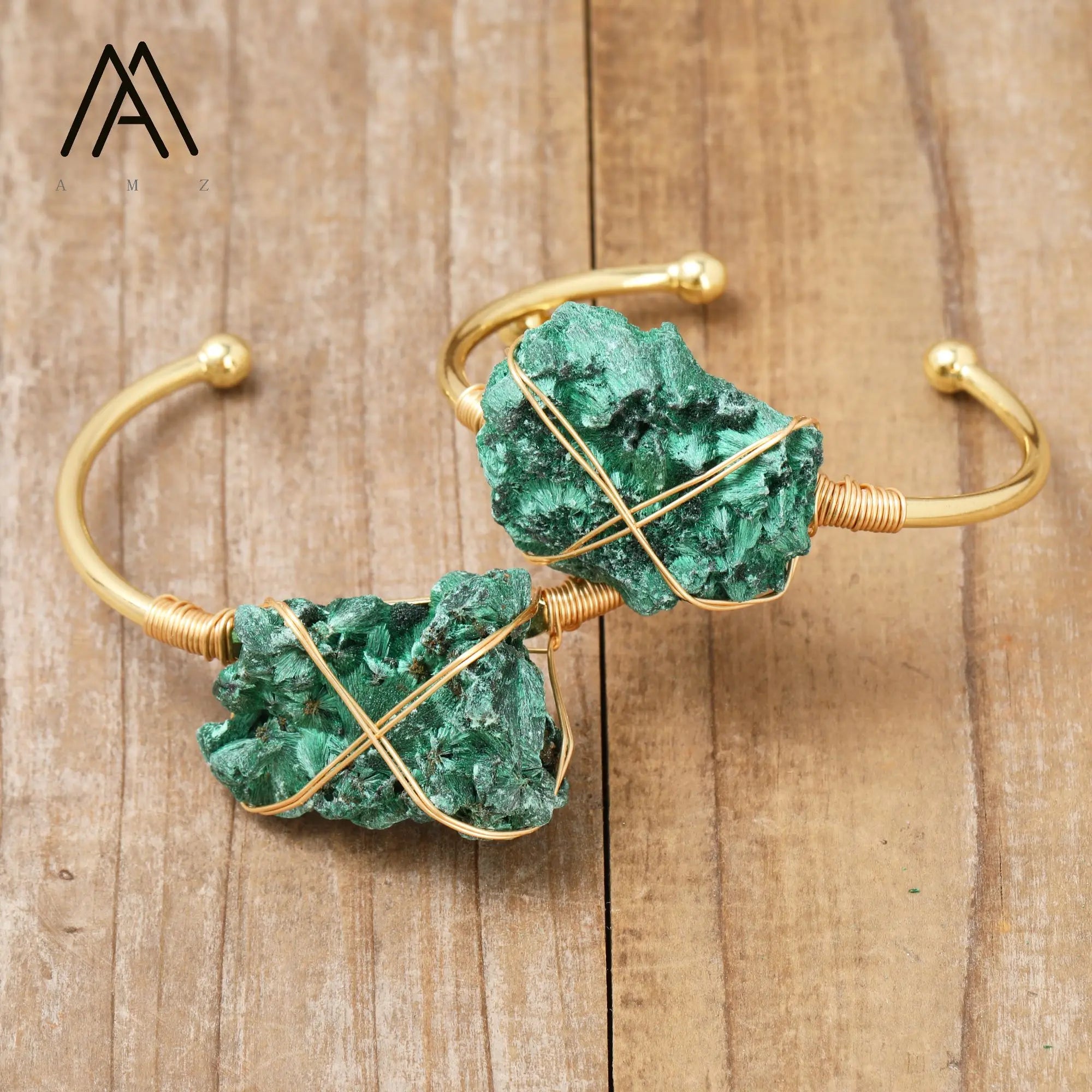 Raw Malachite Mineral Chunky Bangles Healing Natural Open Cuff Bracelets Handmade Gold Plated Wire Wrap Jewelry Unisex Gifts