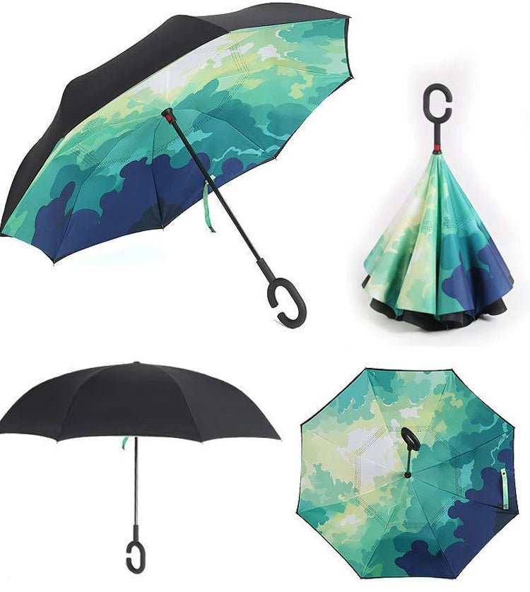Large Size Flower Design Inverted No Drip Umbrella with C-Shaped Handle Hands-Free Manual Control Reverse Umbrella
