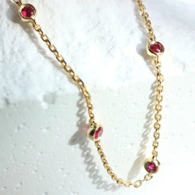 Dainty 925 Sterling Silver Artificial Red Quartz Gemstone Bracelet Gold Plated Bezel Cz Zirconia Charm Bracelet