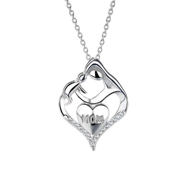 Fashion Trendy Mom and Son Heart Shape Pendant 925 Sterling Silver Simple Mothers Day Gift Necklace