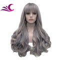 Celebrity Grey Ash Purple Color Full Machine Wig Gluess Heat Resistant Fiber with False Scalp