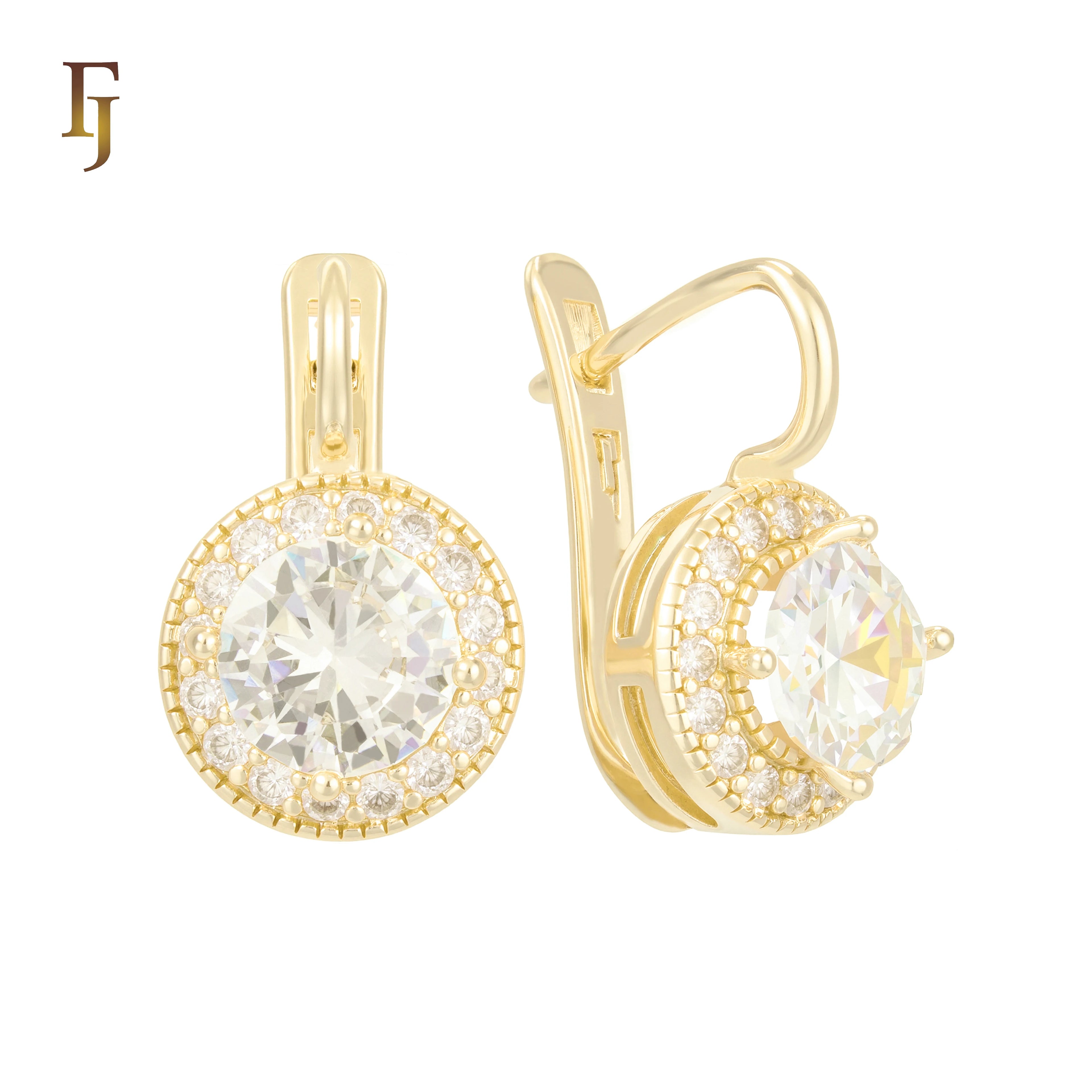 FJ Fallon Fashion Jewelry Elegant Halo Russian Lock Earrings Gold Plated Round Drop Sparkling Non-Tarnish Brass Based